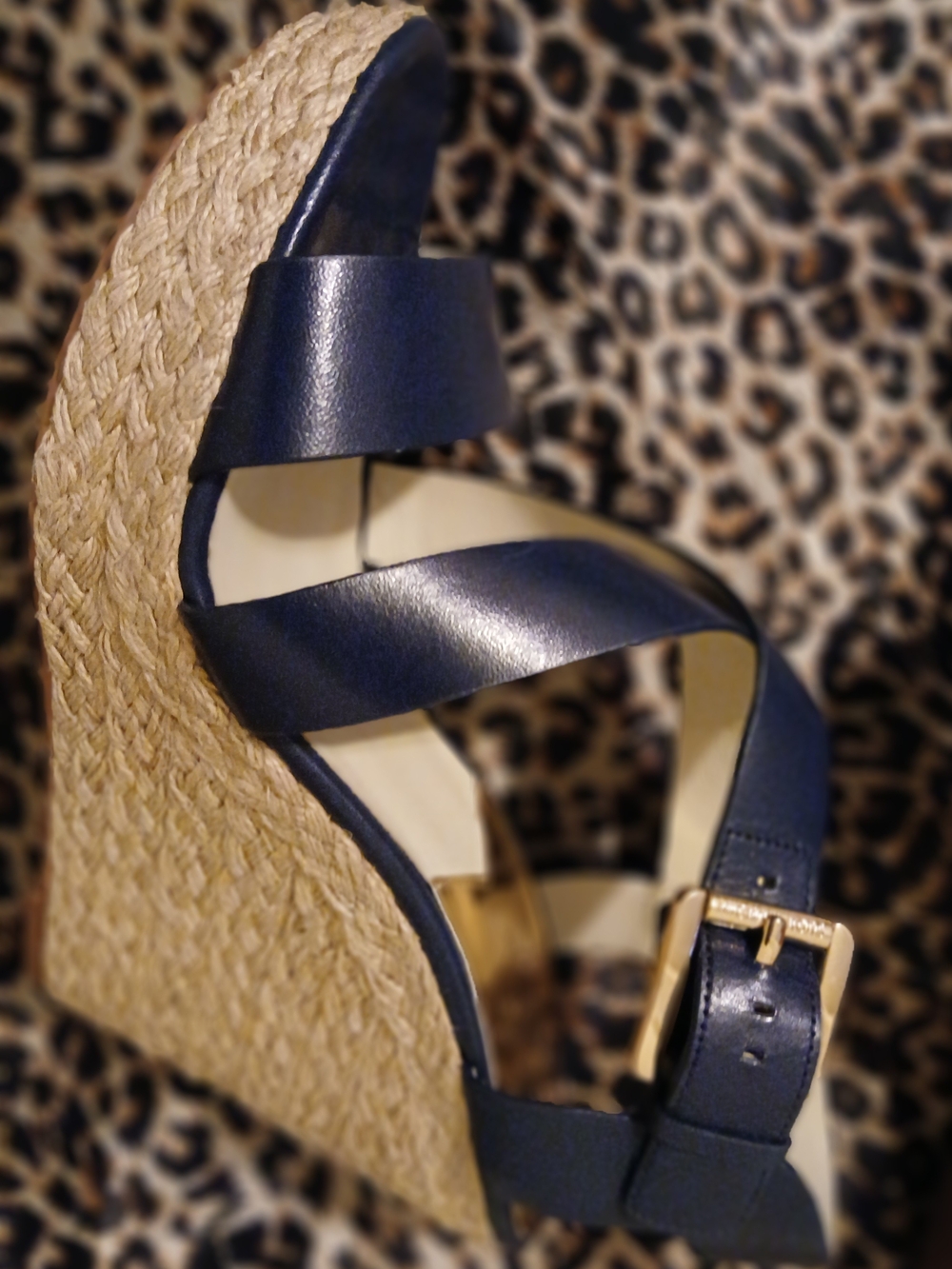 Michael Kors Navy Leather Wedge Sandals with Espadrille Sole